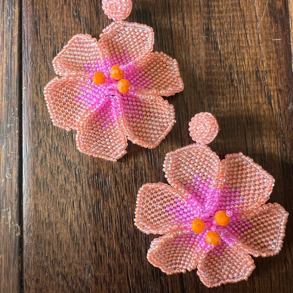 Noonday New Bloom Beaded Floral Earrings in Pink and Orange